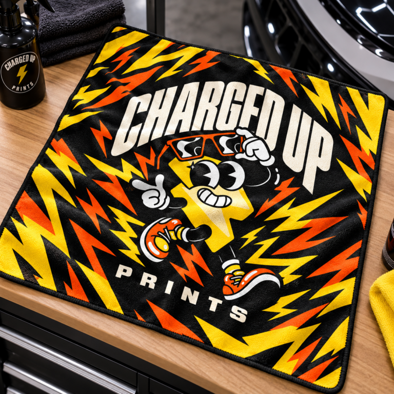 Custom printed microfiber towel on a workbench