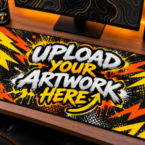 Custom printed desk mat with stitched edges on a gaming desk