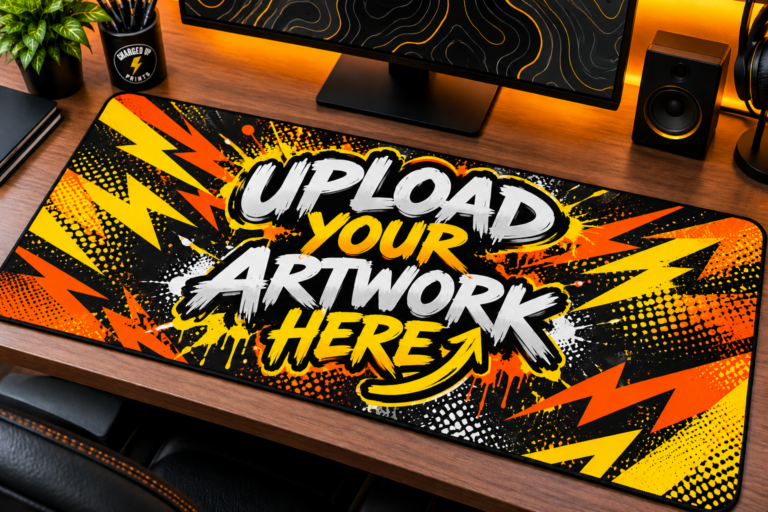 Custom printed desk mat with stitched edges on a gaming desk