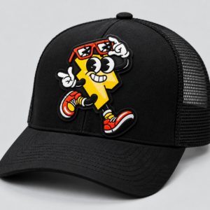 Black trucker hat with a full-color custom TPU patch