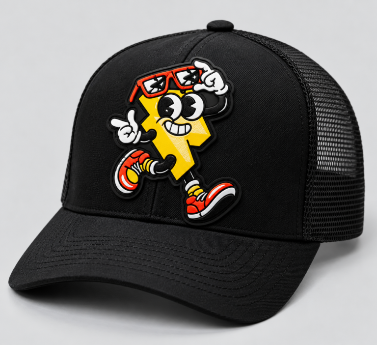 Black trucker hat with a full-color custom TPU patch