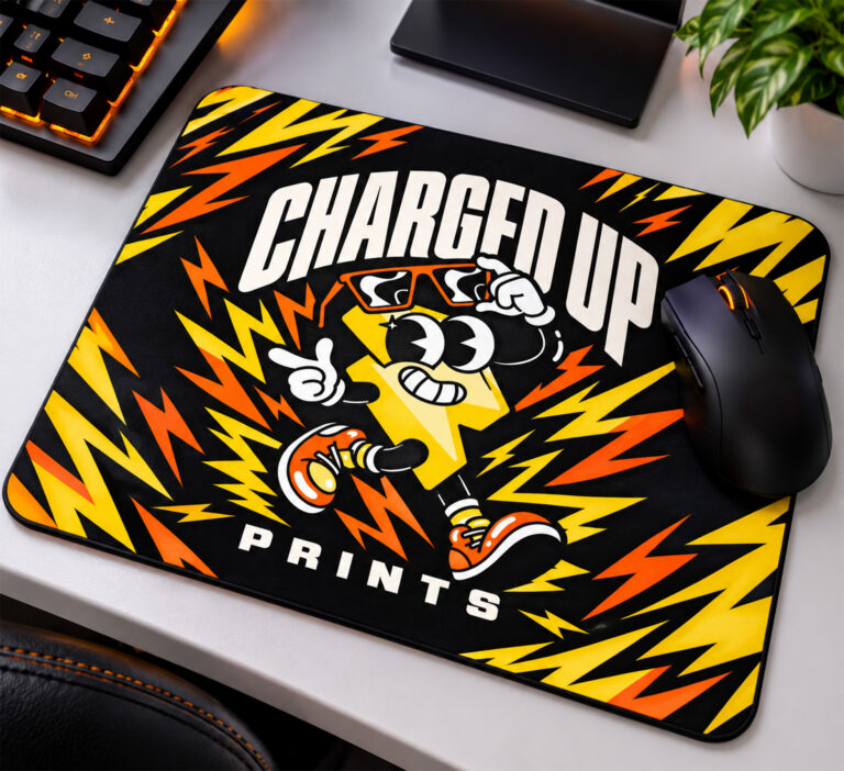 Custom printed mouse pad on a desk