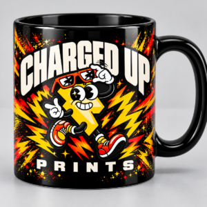 Black ceramic mug with a full-wrap custom print
