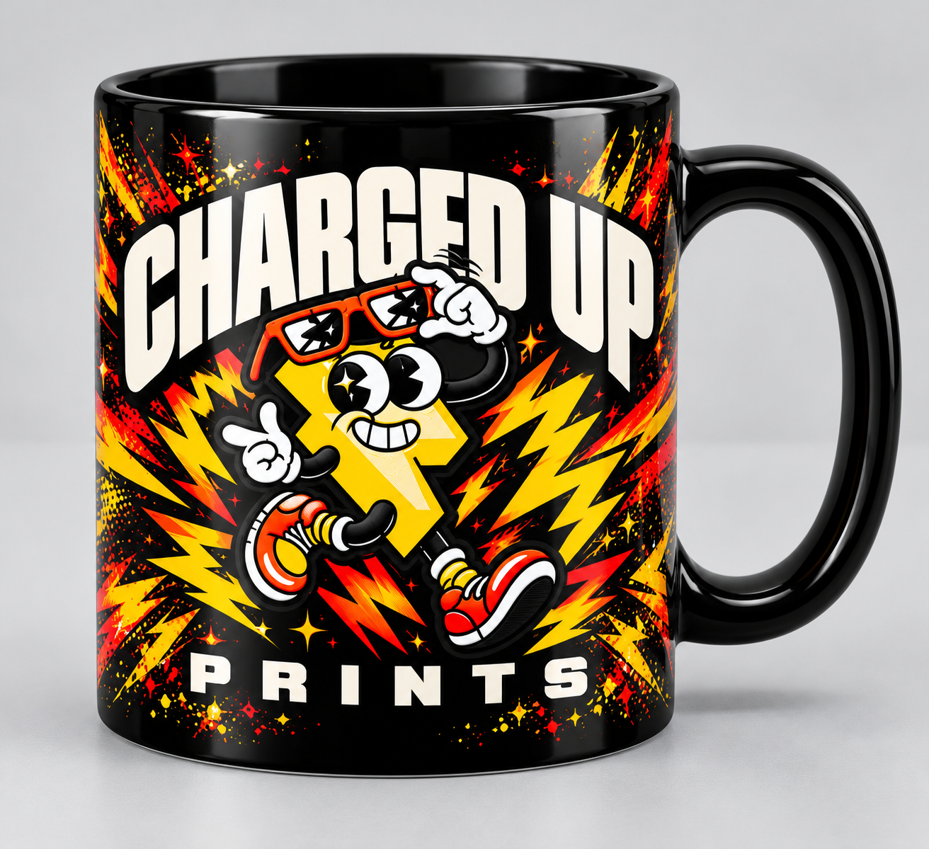 Black ceramic mug with a full-wrap custom print