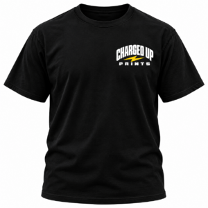 Black custom t-shirt with a small front chest print